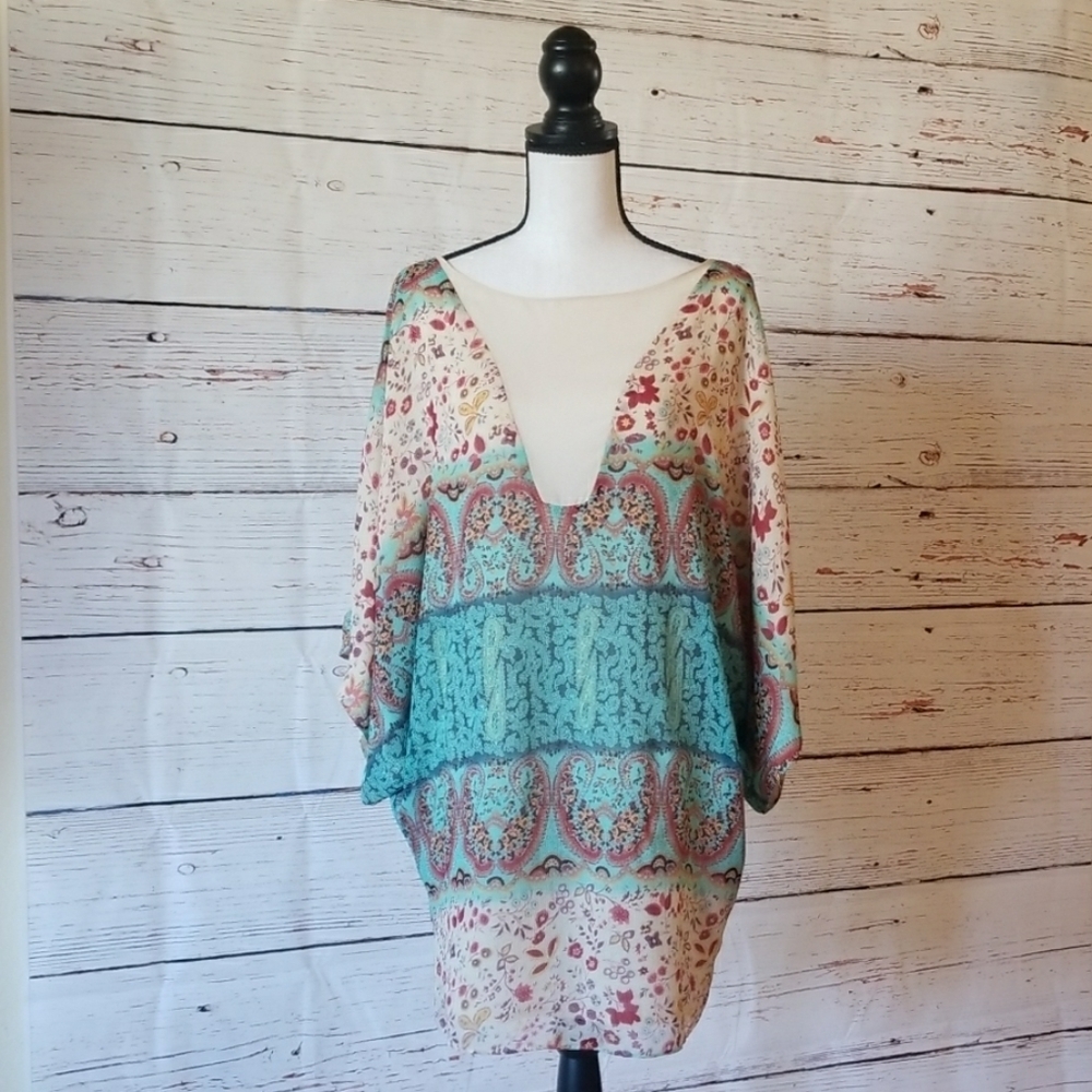 KAREN ZAMBOS // ltd ed haven silky peek-a-boo plunge batwing dolman mini dress